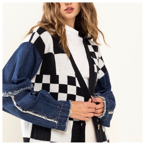 Checkerboard & Denim Button Up Cardigan - Picture 5 of 5